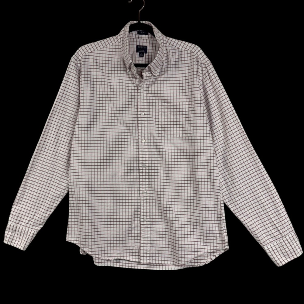 J.Crew L White Burgundy Windowpane Flex Oxford Shirt Slim Fit Long Sleeve Button